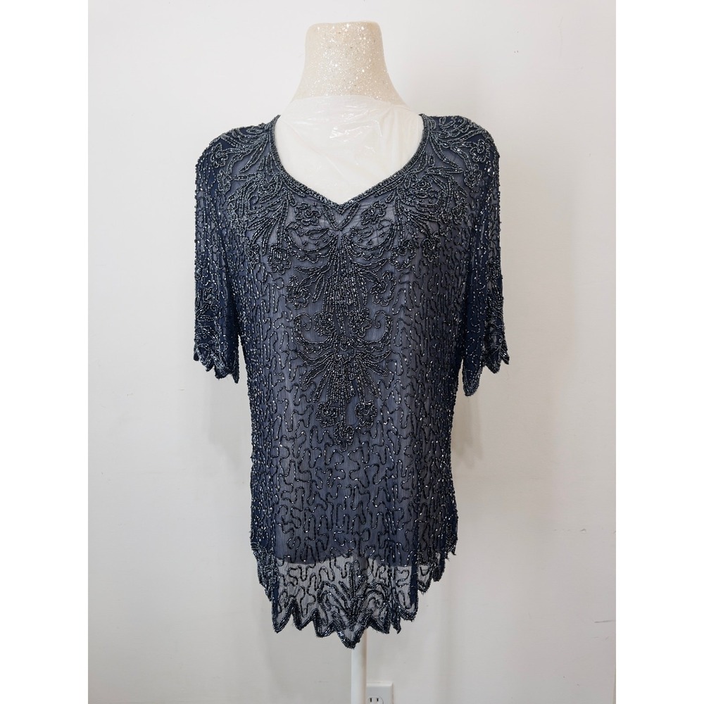 Vintage-inspired women's beaded blouse in navy sheer mesh. No size, see photos.
